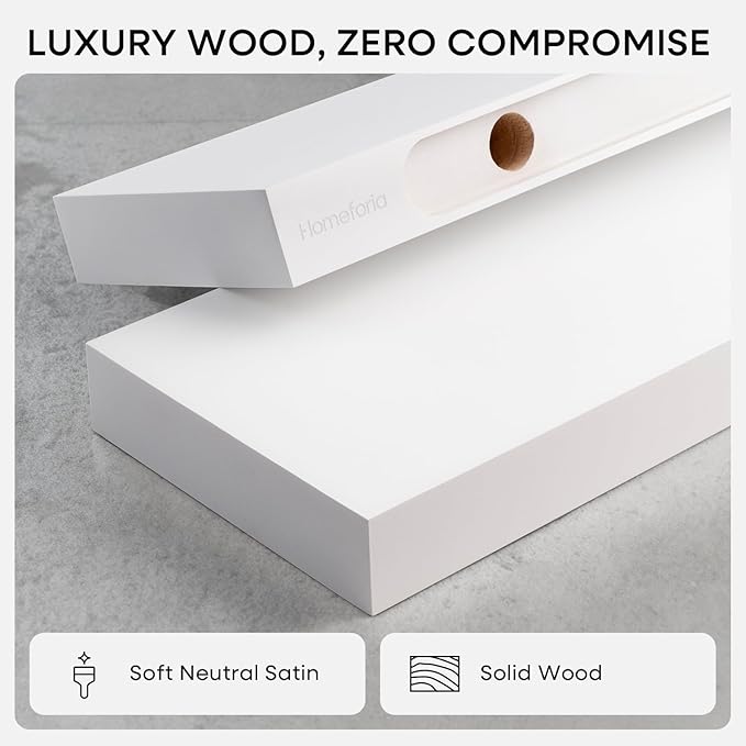 Homeforia White Floating Shelves 42 inch, High End Solid Real Wood 42inch Floating Shelf for Wall Mounted, White Wooden 42in Long Floating Shelves, Heavy Duty Bracket, 42 X 6.5 X 1.75 inches, Set of 2