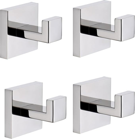 TASTOS Bath Towel Hooks Polished Chrome, 4 Pack Stainless Steel Robe Coat and Clothes Hook, Heavy Duty Wall Hook for Bathroom & Kitchen, Modern Square Style Wall Mounted