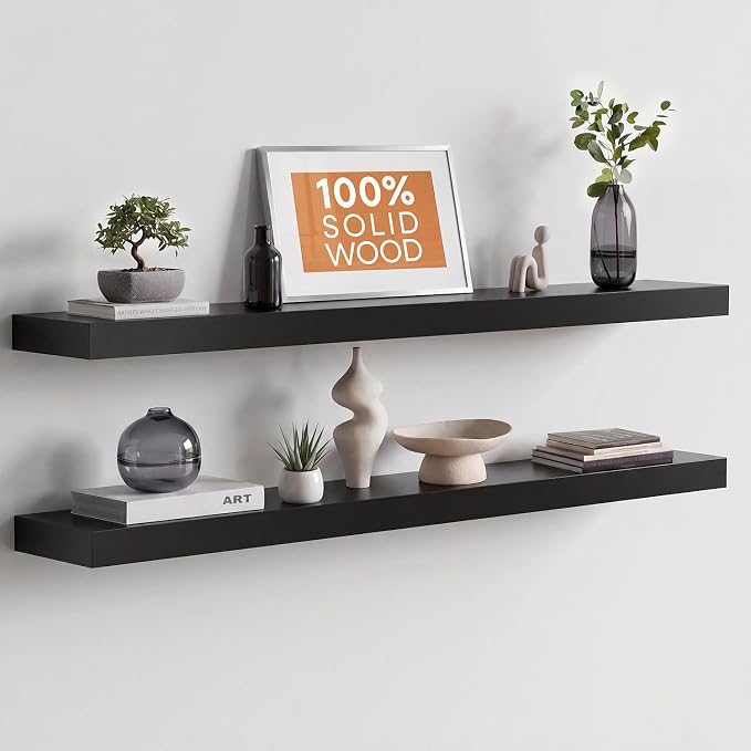 Homeforia Floating Black Shelf 42 inch, High End Solid Real Wood 42 inches Long Floating Shelves for Wall, Black Wooden 42inch Large Floating Shelves, Heavy Duty Bracket, 42 X 6.5 X 1.75 in, Set of 2