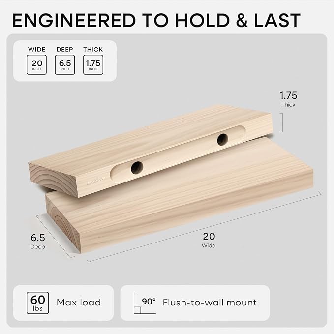 Homeforia 20 inch Wood Floating Shelves, High End Solid Natural Wood 20inch Floating Shelf for Wall Mounted, Unfinished Wooden 20in Floating Shelves, Heavy Duty Bracket, 20 X 6.5 X 1.75 inch, Set of 2
