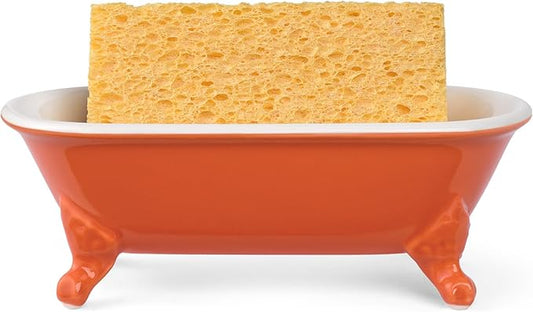 6.5" Ceramic Mini Decorative Clawfoot Bathtub Bar Soap Dish, Kitchen Sponge Holder and Shower Tray for Bathroom, 1 Pack(Dark Orange)