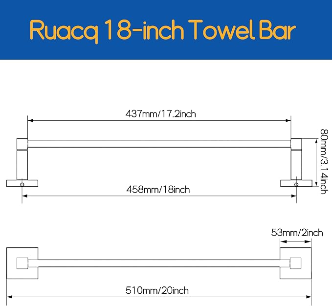 RUACQ Gold Towel Bar 18 inch, 304 Stainless Steel Towel Racks for Bathroom Wall Mounted, Heavy Duty Bath Towel Rod with Square Base(Brushed Gold)