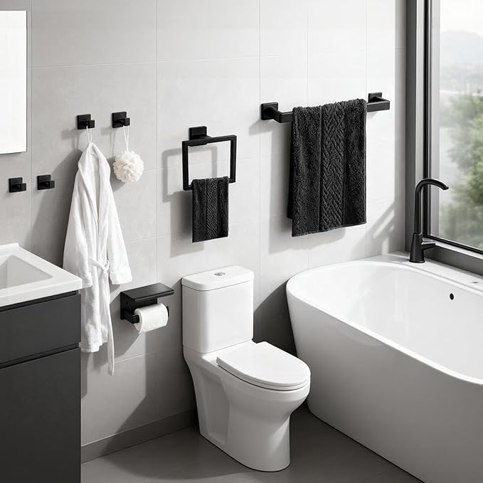 Matte Black Bathroom Hardware Accessories Set, Stainless Steel Towel Racks for Bathroom, 16 Inch Towel Bar, Towel Holders, Updated Toilet Paper Holder with Shelf Wall Mounted(15-Pieces)