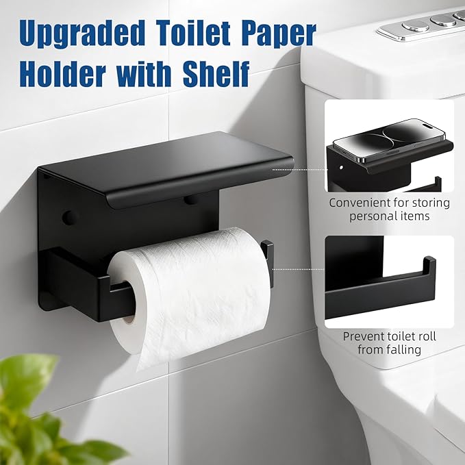 Matte Black Bathroom Hardware Accessories Set, Stainless Steel Towel Racks for Bathroom, 16 Inch Towel Bar, Towel Holders, Updated Toilet Paper Holder with Shelf Wall Mounted(15-Pieces)