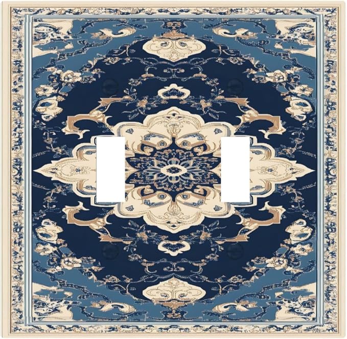 Decorative Light Switch Cover Plate Boho Beige Navy Blue Medallion 2 Gang