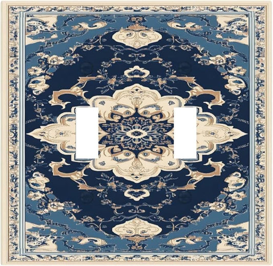 Decorative Light Switch Cover Plate Boho Beige Navy Blue Medallion 2 Gang