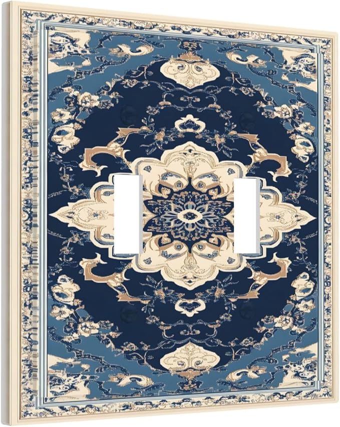 Decorative Light Switch Cover Plate Boho Beige Navy Blue Medallion 2 Gang