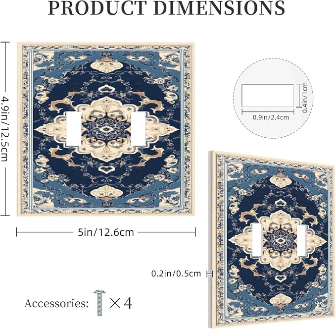 Decorative Light Switch Cover Plate Boho Beige Navy Blue Medallion 2 Gang