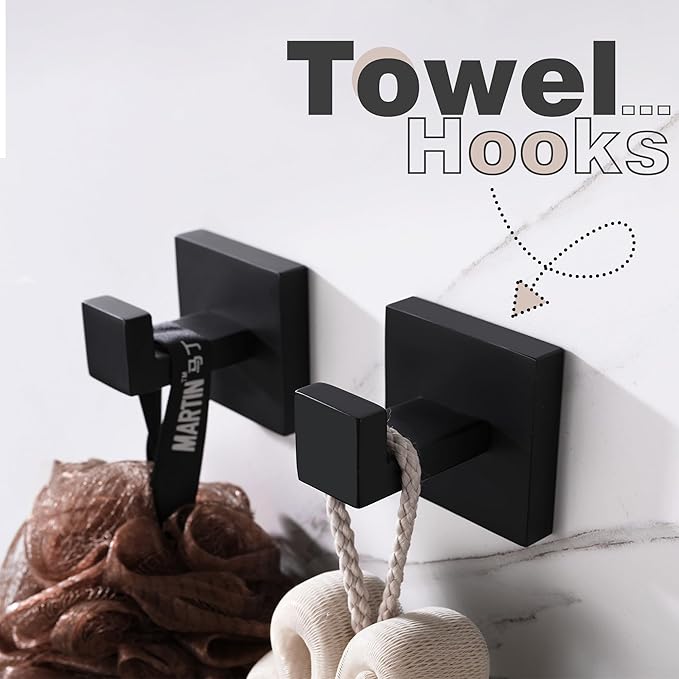 LANC Black Towel Hooks for Bathroom, Robe Hooks Matte Black Coat Hooks, Heavy Duty Square Hand Towel Hanger for Bathroom Kitchen Wall Hooks SUS304 Stainless Steel, 3-Pack,A8805MB-P3