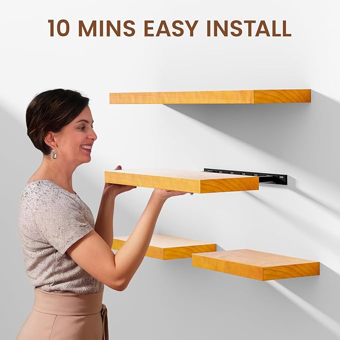 Heimlove Pine Wood Floating Shelves, 8 Inch Deep Real Wood Shelves Set of 2, Wall Mounted Rustic Wood 24x8 Floating Shelf with Invisible Brackets for Bedroom Kitchen Living Room - Honey Oak