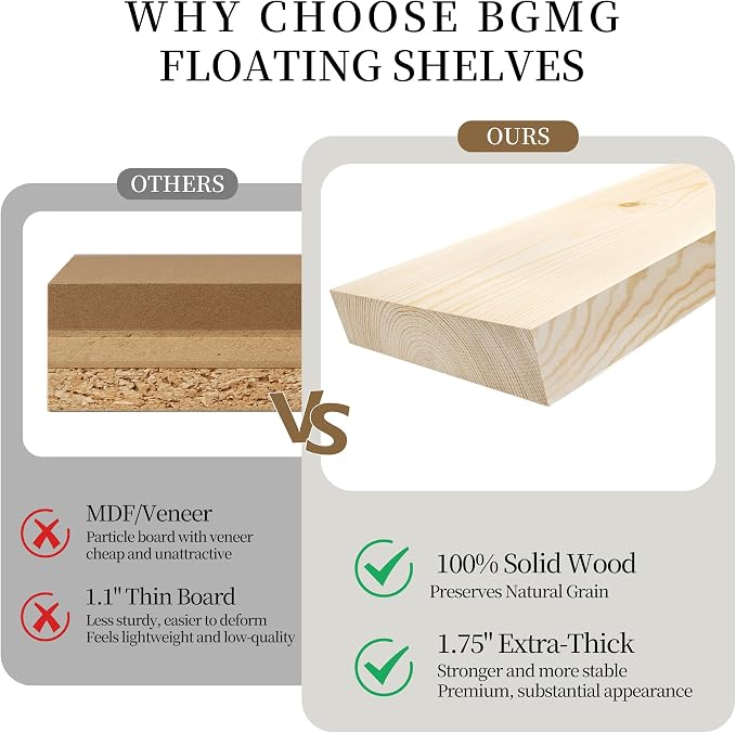 BGMG Wood Floating Shelves for Wall 60 inch Set of 2,Black Floating Shelves,Solid Wood Wall Mount Shelves for Living Room Bedroom Kitchen Farmhouse -60x6.7x1.75 inch