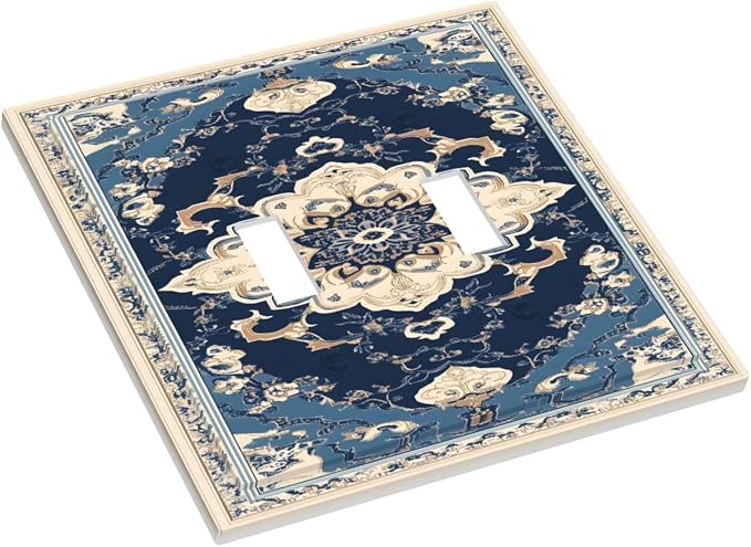 Decorative Light Switch Cover Plate Boho Beige Navy Blue Medallion 2 Gang
