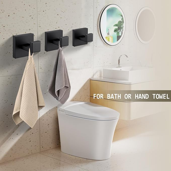 LANC Black Towel Hooks for Bathroom, Robe Hooks Matte Black Coat Hooks, Heavy Duty Square Hand Towel Hanger for Bathroom Kitchen Wall Hooks SUS304 Stainless Steel, 3-Pack,A8805MB-P3