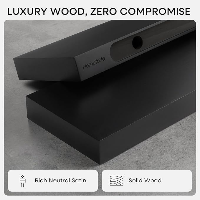 Homeforia Floating Black Shelf 42 inch, High End Solid Real Wood 42 inches Long Floating Shelves for Wall, Black Wooden 42inch Large Floating Shelves, Heavy Duty Bracket, 42 X 6.5 X 1.75 in, Set of 2