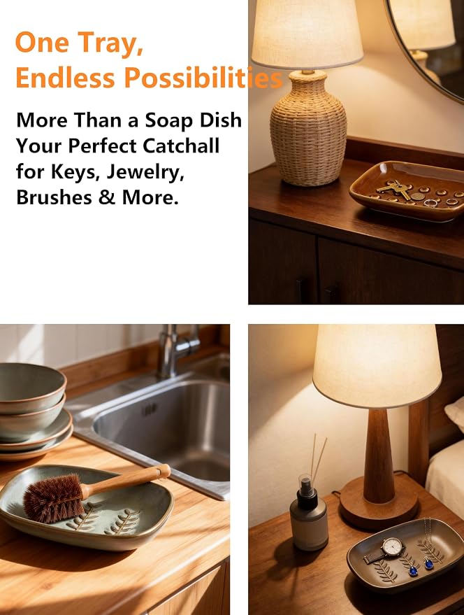 Miamolo Soap Dish for Shower, Ceramic Soap Dish for Bar Soap Sponge, Soap Holder Saver Tray for Bath Kitchen Sink Bathtub, Farmhouse Decor, Raised Pattern - Keep Soap Dry, Dark Brown