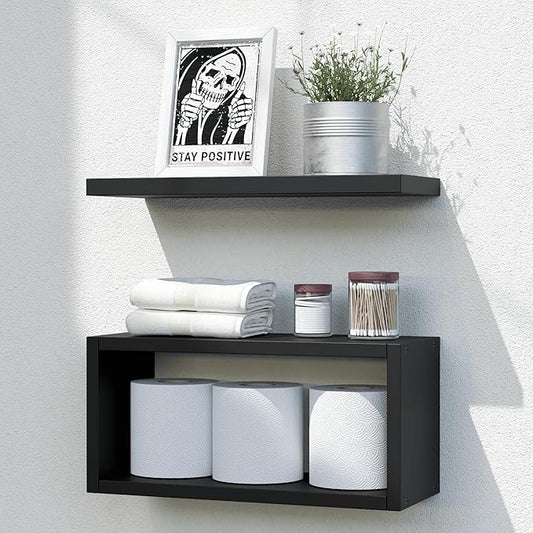 RICHER HOUSE Floating Shelves Bathroom, Black Floating Shelves for Wall, Above Toilet Bathroom Shelves, Wall Mounted Hanging Shelves for Bedroom, Kitchen, Living Room Decor - Black