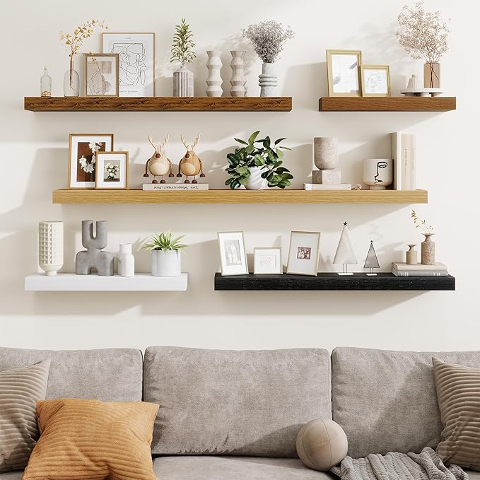 Fun Memories Floating Shelves 30 Inch, Wall Mounted Wood Shelf Set of 2, Farmhouse Decor for Bathroom, Bedroom, Kitchen, Living Room, Oak